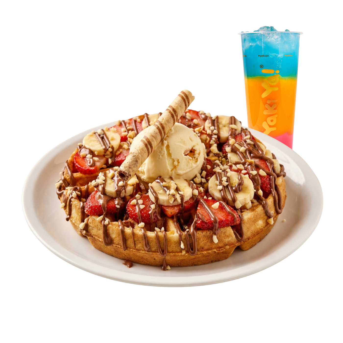 Fresh waffle dessert topped with strawberries, bananas, vanilla ice cream and chocolate sauce at Yaki Ya!